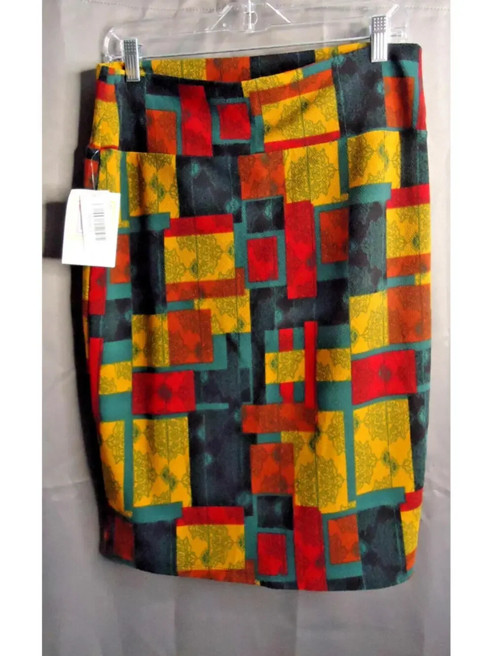 LulaRoe Cassie Stretch Pencil Skirt Multicolor Geometric Art To Wear Print Large